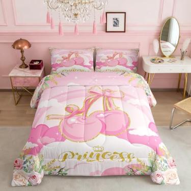 Imagem de Manfei Conjunto de edredom infantil de cerejeira ouro rosa, fofo, feminino, com laço, decoração de quarto de meninas, mulheres, edredom de penas estilo princesa rosa, enchimento de edredom com flores
