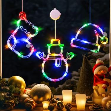 Imagem de LOLStar Luzes de janela de Natal, pacote com 3 meias de Natal multicoloridas, boneco de neve, chapéu de Papai Noel com ventosa, função de temporizador e modo de desbotamento lento, luzes operadas por