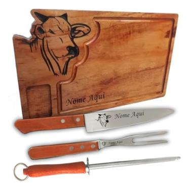 Imagem de Tabua De Cortar Personalizada + Kit Churrasqueiro Com Faca, Garfo e Chaira Personalizado, Logo Nome Símbolo Iniciais Etc, Madeira Nobre 40x24x2,5cm, Presente Único