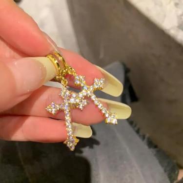 Imagem de Brincos pendentes requintados brilhantes para mulheres, acessórios estilosos em forma de cruz, 4cm, Latão, Zircônia cúbica