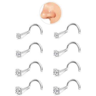 Imagem de 8 peças de aço cirúrgico hipoalergênico 20G em forma de L / parafusos de nariz para mulheres e homens, anéis de nariz de saca-rolhas com 1,5-3 mm CZ gancho leve pinos de narina, 1.5/2.0/2.5/3.0mm, Aço