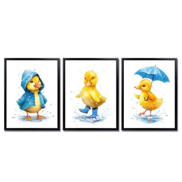 Imagem de Derkymo 3 peças de arte de parede em tela de pato amarelo emoldurado imagem abstrata de animal bebê pato segurando um guarda-chuva impressão de imagem de animal engraçado impressão de pintura chuvosa