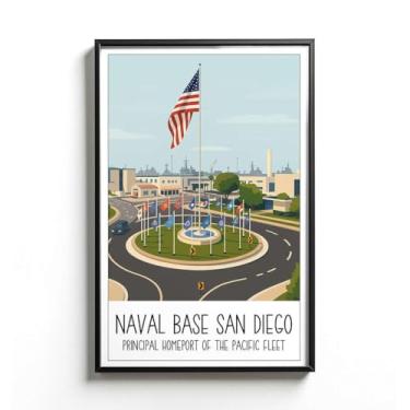 Imagem de LCGifts Pôster Base Naval San Diego Califórnia - Ilustração do Porto Principal da Frota do Pacífico - Arte de Porto Militar - Decoração de Parede Patriótica Vintage - Design de Pôster de Viagem Retrô