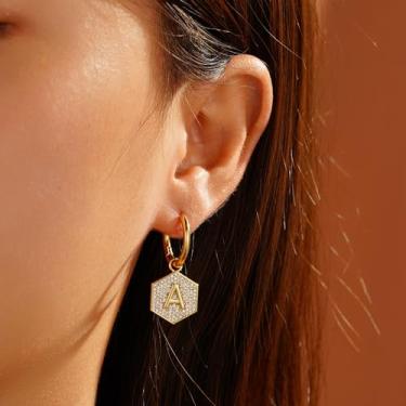 Imagem de Brincos de argola com inicial para mulheres – Brincos com pingente de letra A-Z banhados a ouro 14K, delicados, à prova d'água, hipoalergênicos, não mancham, joias modernas presentes para mulheres, B