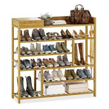 Imagem de Bamworld Sapateira para entrada da porta da frente, organizador de sapatos de bambu com caixa de armazenamento, prateleira de armazenamento de sapatos para entrada, armário e entrada (natural)