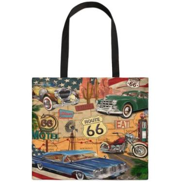Imagem de TKBXAEG Sacola de lona com estampa de tijolos mandala, para mulheres, homens, elegante, bolsa de ombro, reutilizável, bolsa de compras, Route 66 Vintage Cars, One Size