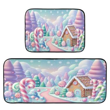 Imagem de Msyxl Conjunto de 2 tapetes de cozinha acolchoados, confortáveis, antiderrapantes, absorventes e laváveis, tapetes de cozinha Candy Land Christmas para casa