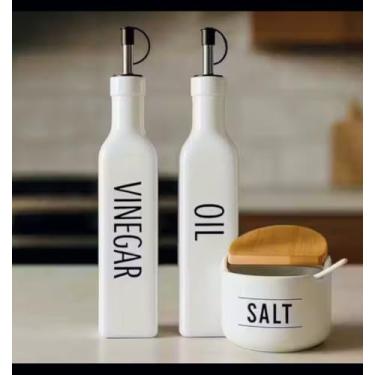 Imagem de Conjunto de Garrafas e Pote Decorativos em Cerâmica Branca, Dispenser de Azeite e Vinagre com Bico Dosador, Saleiro com Tampa, Estilo Minimalista para Cozinha
