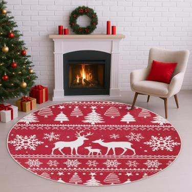Imagem de Acetiamin Tapete redondo de Natal lavável à máquina de 1,8 m, antiderrapante, vintage, floral, para crianças, tapete baixo para sala de estar, quarto, sala de jantar e berçário (alce de 1,2 m)