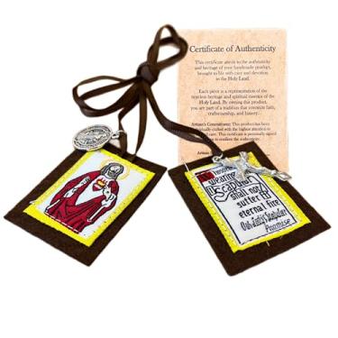 Imagem de O Escapulário marrom original de Nossa Senhora do Monte Carmelo, feito à mão e abençoado na Terra Santa (Haifa), colar católico com símbolo de salvação com certificado de autenticidade, 20.4", Tecido