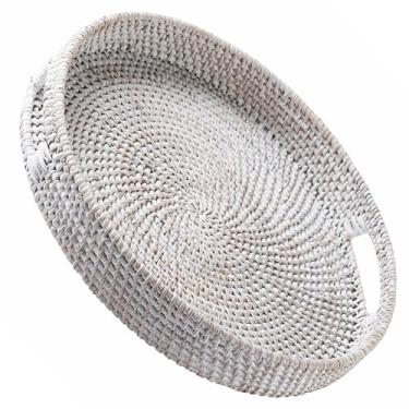 Imagem de JUNGLE CULTURE Bandeja de servir de vime grande de 35,5 cm em cal • Cesta de mesa redonda • Bandejas de vime para otomano com alças para mesa de centro, lado da cama ou sofá • Bandeja de tecido