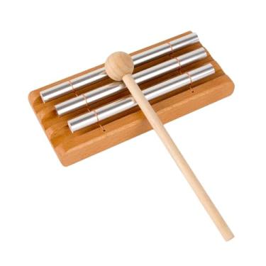 Imagem de simhoa Sino de mão de três tons com lembrete de martelo, base de madeira, sino de energia para oração, relaxamento, ioga, gestão de sala de aula