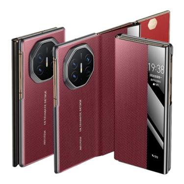 Imagem de HAOMRIYL Capa de couro para Huawei Mate XT, capa magnética de janela lateral inteligente com textura de fibra de carbono flip tudo incluído, capa para celular vermelha, Mate XT