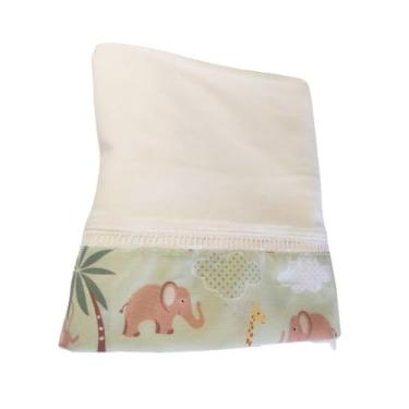 Imagem de Jogo de Lençol com Elástico e Fronha para Berço Americano,160x98x12cm, Malha 100% Algodão, Antialérgico, Bordado Ponto Palito (Barrado Safari/Palha e Verde)