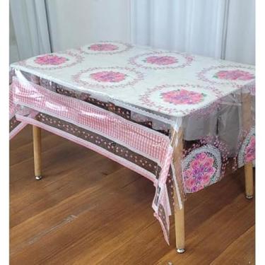 Imagem de Toalha de Mesa de Plástica Forro de mesa cristal estampada e impermeável, para mesas 4,6,8 cadeiras(Rosas Bordadas,6 cadeiras 2,00x1,40)