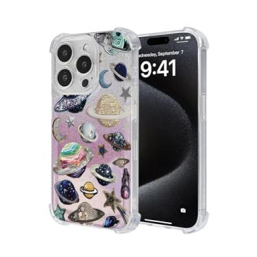 Imagem de Nimeey Capa Planetas para iPhone 16 Pro Max, capa fofa com glitter transparente, brilhante, brilhante, brilhante, antiarranhões, TPU macio, ajuste fino, à prova de choque, para mulheres e meninas