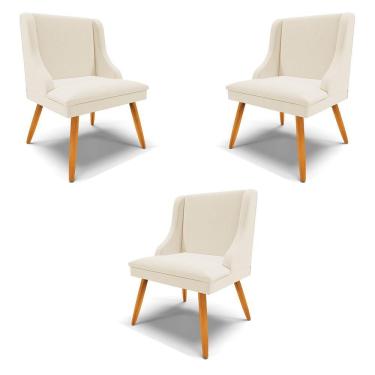 Imagem de Kit 3 Cadeiras Decorativas Sala De Jantar Pés Palito De Madeira Firenze Linho Bege/natural G19