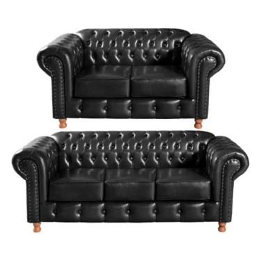 Imagem de Conjunto Sofás 2 E 3 Lugares Chesterfield Luís Xv Vintage Retrô Capitonê Couro Preto