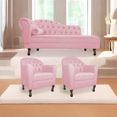 Imagem de Kit Diva Recamier Diana 185cm Lado Direito e 02 Poltronas Julia Suede Rosa Bebê