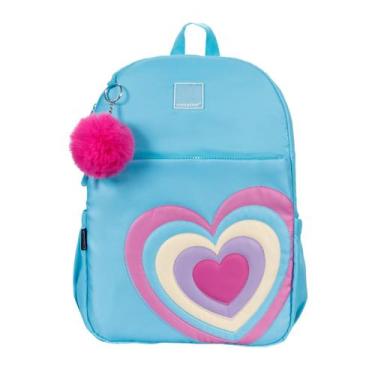 Imagem de Mochila Escolar Coração Cor de Rosa Pompom Container Azul