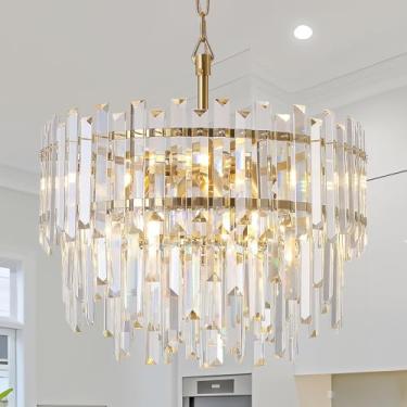 Imagem de Aheylity Lustre de cristal moderno de latão 48 cm lustres redondos 6 luzes pingente de teto luminária suspensa para sala de jantar cozinha ilha hall de entrada, 4 camadas