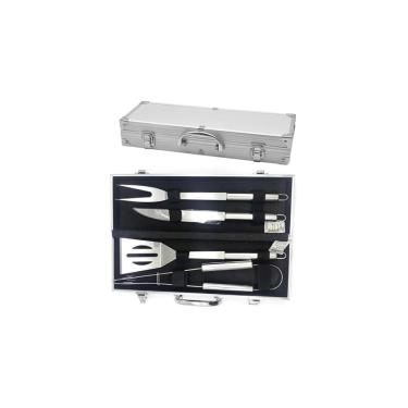 Imagem de Kit Churrasco Premium, 4 Peças em Aço Inoxidável com Maleta de Alumínio, Conjunto com Pegador, Espátula, Garfo e Faca, 37cm x 12cm x 7cm