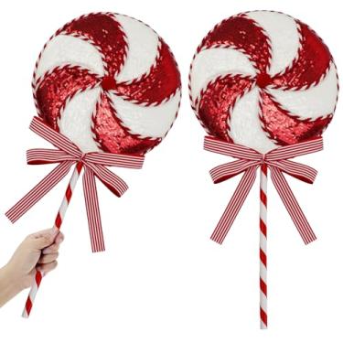 Imagem de 2 peças de enfeites enormes de lantejoulas de veludo, hortelã-pimenta, sprays, glitter, pirulito, doces, palitos de fita listrada, laços de fita para enchimento de árvore de Natal, grinalda