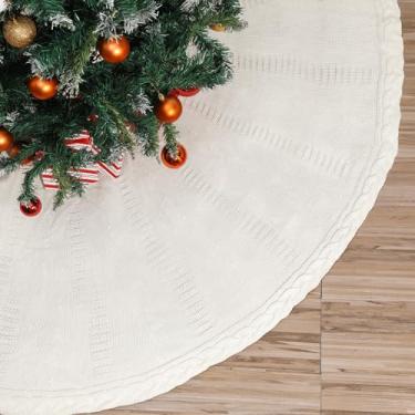 Imagem de Saia de árvore tricotada de Natal de 213 cm gigante branca grossa para árvore de Natal extragrande trançada com cabo trançado rústico, ornamentos de Natal para casa, decoração de festa de inverno