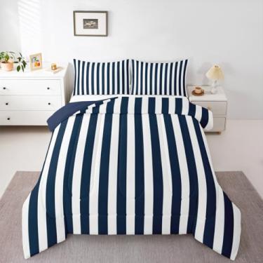 Imagem de Feelyou Conjunto de cama com listras azuis marinhas, macio para meninos e meninas, conjunto de edredom geométrico, Queen, arte listrada moderna, edredom de microfibra, decoração de quarto, 3 peças com