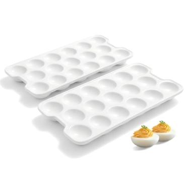 Imagem de ONEMORE Conjunto de 2 bandejas de ovos de cerâmica, bandeja de ovos de Natal, suporte de ovos com 17 furos para geladeira, aperitivo retangular para servir pratos para festas e entretenimento, prato