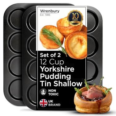 Imagem de Wrenbury Conjunto de 2 formas de pudim de Yorkshire endurecidas - Forma antiaderente rasa para assar 12 xícaras - Aço carbono pesado - Seguro para alimentos sem PFOA - Perfeito para Yorkshires