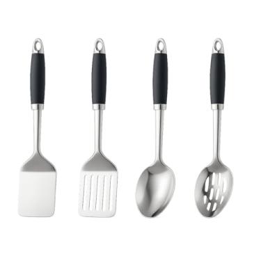 Imagem de 4 peças de utensílios de cozinha de aço inoxidável, conjunto de utensílios de cozinha, inclui espátula sólida, espátula com fenda, colher de cozinha, escumadeira, adequado para várias necessidades