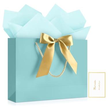 Imagem de JMANNI 1 bolsa de presente grande com fita e 1 cartão de felicitações, 2 papéis de seda, bolsa de presente de papel portátil com alças, sacos de presente de aniversário para festa de casamento, dia