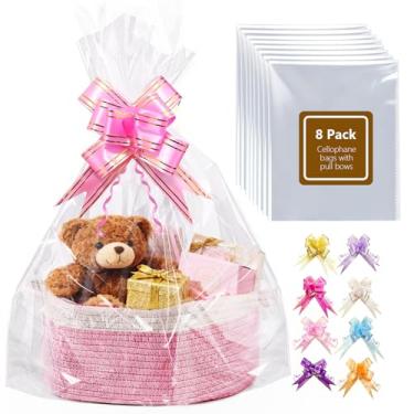Imagem de Boensi Pacote com 8 sacos de celofane extragrandes com 8 laços, sacos transparentes de 68 x 99 cm para cestas de presente, Halloween, Páscoa, cesta de frutas de Natal e embalagem de presente