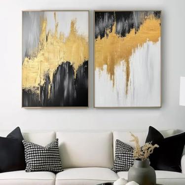 Imagem de Arte de parede cinza dourado preto moderno pintura preta e dourada minimalista pôster abstrato preto branco arte de parede folha dourada arte de parede moderna abstrata sala de estar escura 40,6 x 61