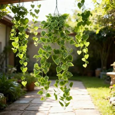 Imagem de 1,1 m de folhas artificiais para pendurar na parede, planta verde, hera, jardim, sala de estar, decoração de parede (folha)