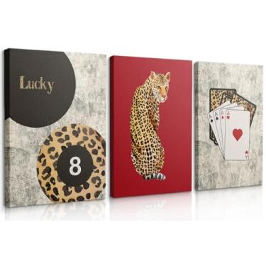 Imagem de 3 peças de arte moderna de parede leopardo Funky Lucky 8 Ball Poster Prints Vintage Preppy Room Aesthetic Cheetah Wall Decor Pictures para quarto feminino apartamento dormitório sem moldura (tela de