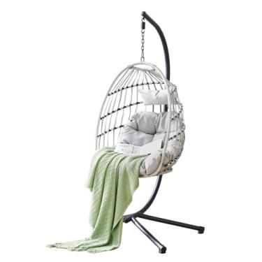 Imagem de CFMAIF Cadeira de vime de vime de vime para pátio, cadeira de ovo para ambientes internos/externos com suporte, cadeira de rede para quarto, varanda e jardim (cinza claro)