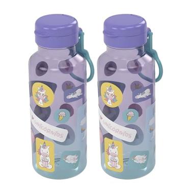 Imagem de Garrafinha De Água Infantil Com Cartela de Adesivos Personagens Squeeze Garrafa Abre Fácil 600ml (Unicórnio | Kit 2)