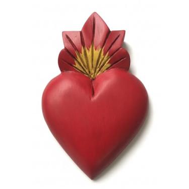 Imagem de Decoração de parede de coração sagrado mexicano feito à mão - Coração Milagro de madeira de 10 cm com chama - Presente religioso de arte popular - Corazon Lhama Madera Rojo S (mexicano, vermelho