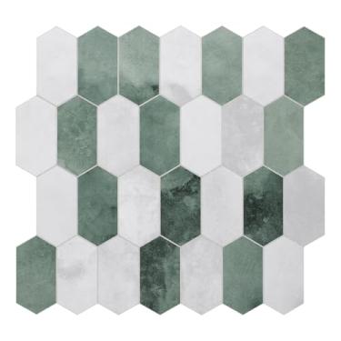 Imagem de The Tiles Plaza Revestimento de parede autoadesivo com 10 folhas, 30,5 cm x 29,2 cm de cimento verde, hexágono longo, azulejo de mosaico decorativo para cozinha, banheiro, lareira