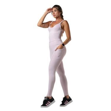 Imagem de Conjunto Fitness Poliamida Cropped Alças Duplas Calça Zero Transparência Compressão Bolsos Embutidos-Feminino