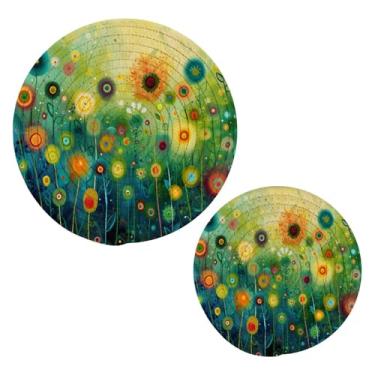 Imagem de Blueangle 2 peças de suporte de panela para pintura de flores coloridas - conjunto de pegadores de panela de tecido redondo - almofadas quentes trançadas de algodão - porta-copos - tapetes de mesa