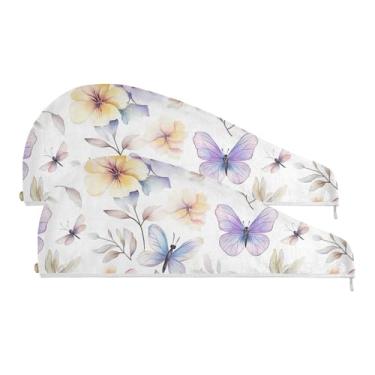 Imagem de SEHANY Toalha de cabelo de microfibra de flores coloridas elegantes para mulheres, 2 peças, turbantes de cabelo de secagem rápida com botão, touca de cabelo seco absorvente toalha de secagem de cabelo