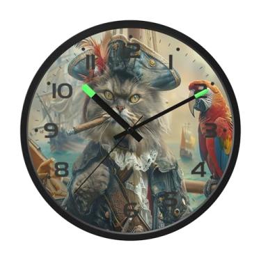 Imagem de SEHANY Relógio de parede engraçado de gato pirata, silencioso, sem tique-taque, operado por bateria, controle de som, luz noturna, relógios de parede para sala de estar, cozinha, quarto, escritório