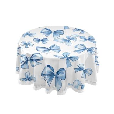 Imagem de SEHANY Toalha de mesa redonda com laço azul de 152 cm, tecido lavável sem rugas, toalha de mesa decorativa de renda para restaurante, casamento, acampamento, festa de cinco de maio