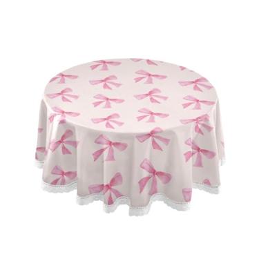 Imagem de SEHANY Toalha de mesa redonda com laço rosa de 152 cm, tecido lavável sem rugas, toalha de mesa decorativa de renda para restaurante, casamento, acampamento, festa de cinco de maio