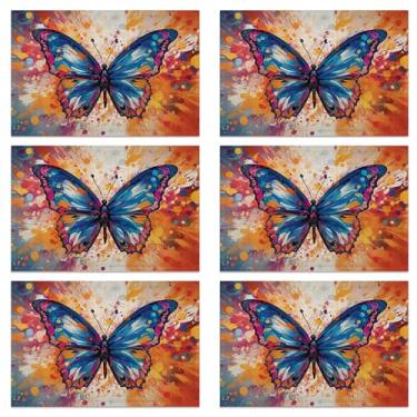 Imagem de Conjunto de 6 jogos americanos de mesa, tecido de linho impermeável, suporte antiderrapante e fácil de limpar, protetores de mesa de jantar elegantes para família e convidados (borboleta colorida)