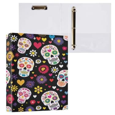 Imagem de ATTX Fichário de 3 anéis com flor de caveira de açúcar 3 cm para papel tamanho carta, 21,6 cm x 28 cm, fichários de três anéis com prancheta para material de escritório #753
