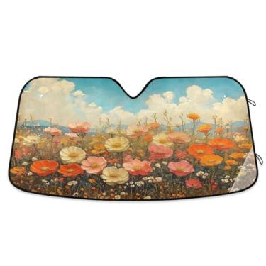 Imagem de ATTX Flores silvestres pintura a óleo pára-brisa carro 134.6 cm x 59.7 cm escudo solar universal com proteção UV, persiana de janela frontal automática dobrável para sedãs SUVs caminhões #439